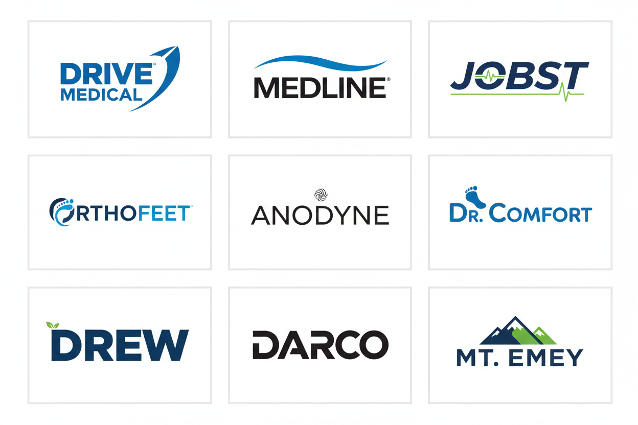 collections of suppliers logo: Drive Medical, Medline, JOBST, Orthofeet, Anodyne, Dr. Comfort, Drew, Darco, Mt. Emey